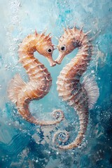 Fototapeta premium Intertwined Seahorses Forming a Romantic Heart in Soft Pastel Underwater Painting