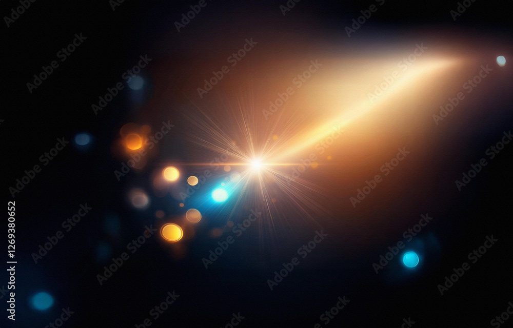 Poster a bright light with rays emanating outwards on a black background.