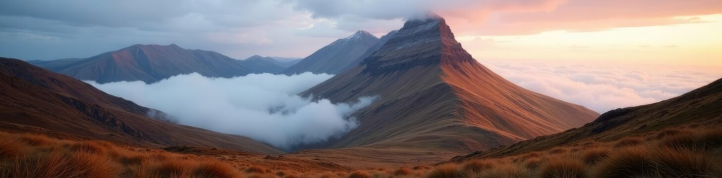 Towering peak of Slioch rises high in misty autumn air, mountain range, dawn, UK