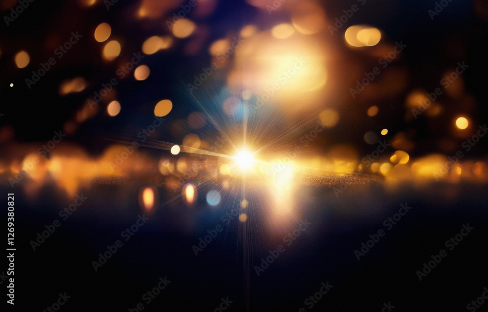 Poster a bright golden light shines in the center of a black background. the light is surrounded by rays of
