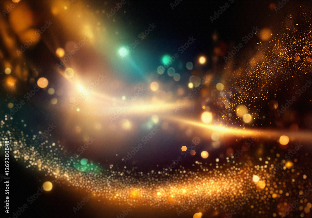 Poster abstract dark background with shimmering golden and green lights.
