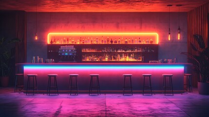 Futuristic bar counter with a vibrant cocktail under neon lights