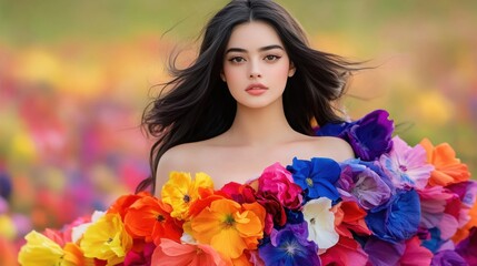 Naklejka premium A breathtaking portrait of a beautiful woman wearing a flowing dress made entirely of vibrant spring flowers