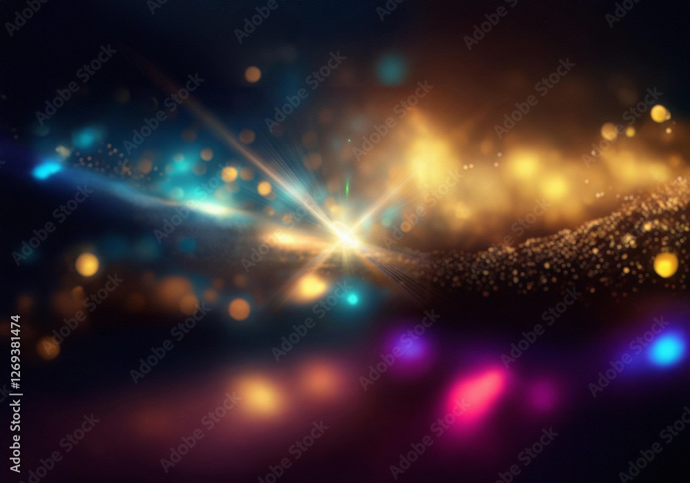 Poster a dark background with a subtle wave of glowing particles and a scattering of blurred lights in vari