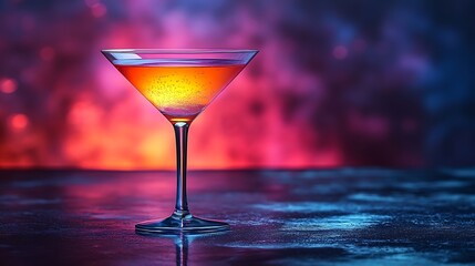 Elegant martini glass glowing with neon hues against a moody background