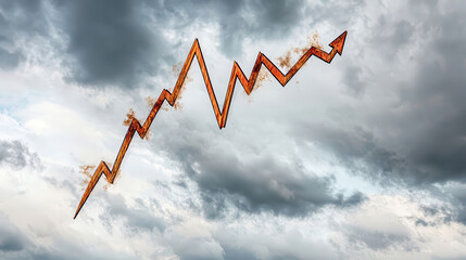 jagged, upward trending graph with fiery effect against cloudy sky symbolizes economic volatility
