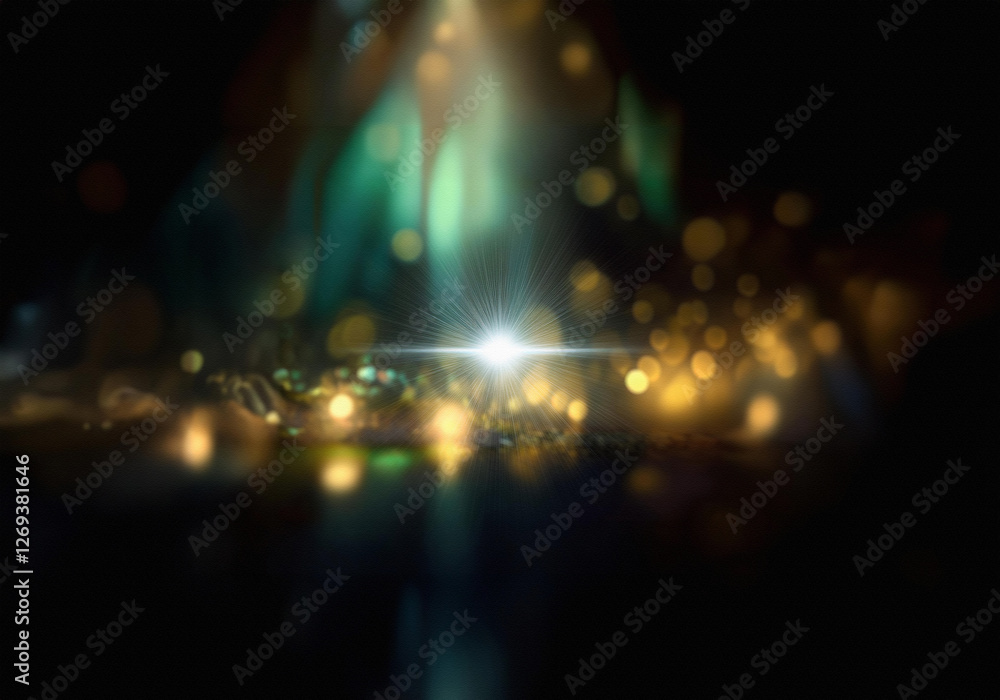 Poster a dark background with blurred bokeh lights, some appearing green and some golden.