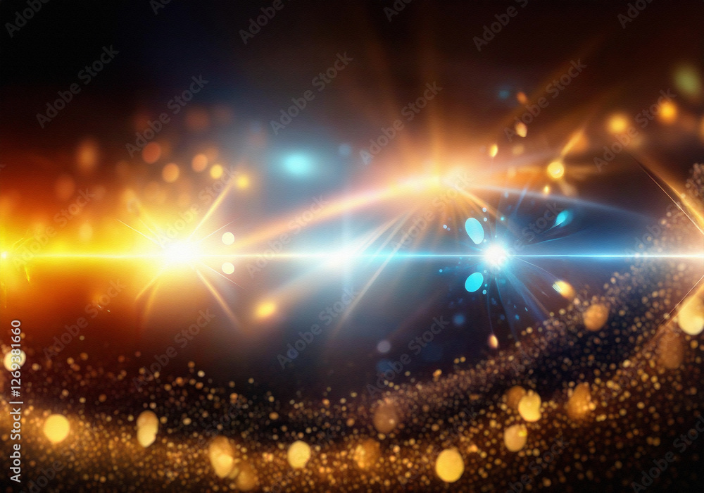 Poster abstract gold and black background with bokeh lights and a glowing center.