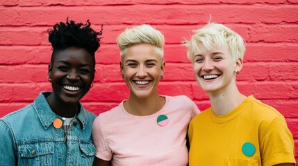 Transgender Day of Visibility concept. Diverse Group of Youthful Friends Wearing Colorful Pins and Casual Outfits