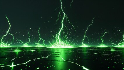 Abstract impact of toxic green glowing lightning sparks effects anime on plain black background
