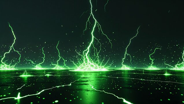 Abstract impact of toxic green glowing lightning sparks effects anime on plain black background