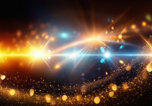 Abstract gold and black background with bokeh lights and a glowing center.