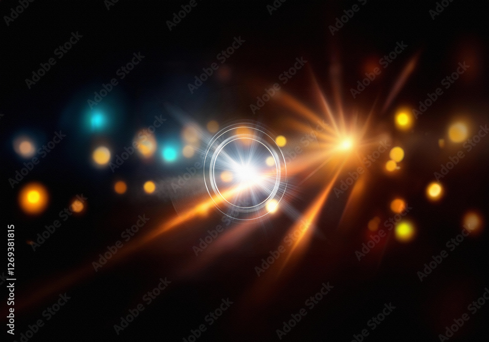 Poster abstract light streaks and bokeh with a bright light source in the center.