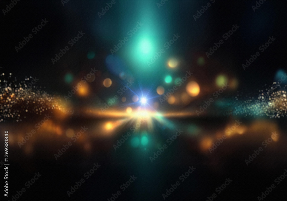 Poster abstract dark background with shimmering gold and teal bokeh effects.