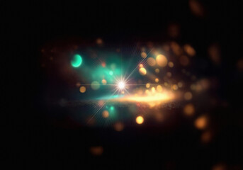 Abstract background of blurred, soft, circular lights in teal and gold.
