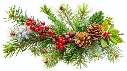 Winter Holiday Decoration: Pine Branch with Medicinal Herbs, Isolated PNG