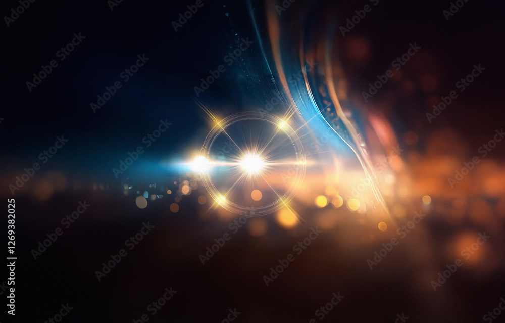 Poster abstract background with blurred lights and wavy patterns in blue and orange tones.