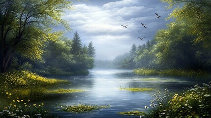 Fototapeta premium Serene misty lake scene with birds flying over lush green forest.