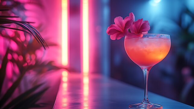 Modern cocktail experience with a bright neon backdrop and stylish presentation