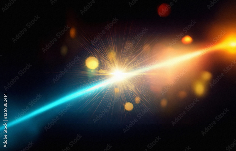 Poster a bright, golden light source shines in the center of a black background. it's surrounded by thin ra