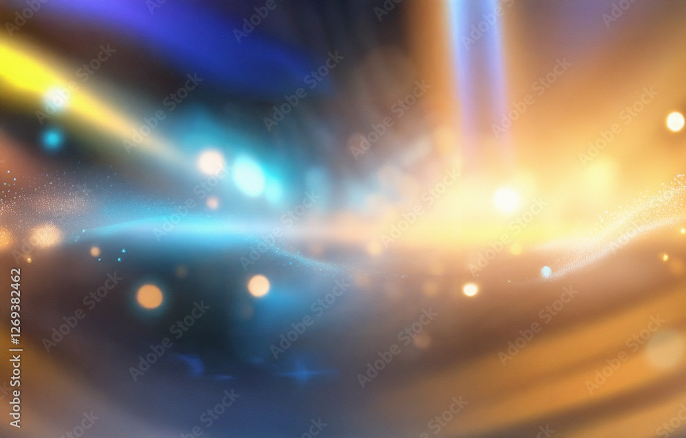 Poster blurred background with shimmering particles in shades of blue and orange.