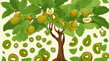 A kiwi tree showcasing its foliage and fruit