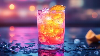 Chilled beverage glowing under vibrant neon lights with a moody background