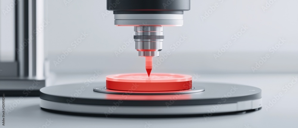 Poster a high-tech device dispensing red material onto a circular surface, showcasing precision and modern 