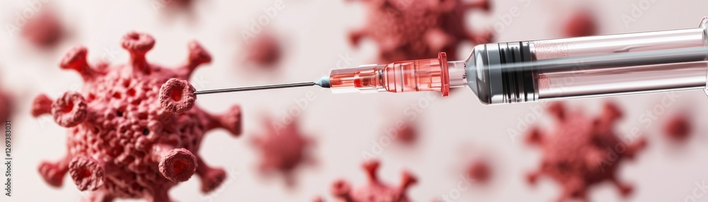 Poster a close-up of a syringe injecting a vaccine into a stylized representation of a virus, highlighting 