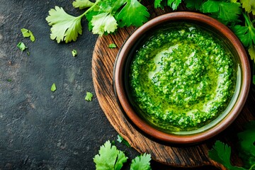 Vibrant green sauce made with fresh herbs and spices on a rustic wooden board