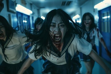 Frightening School Girls Zombies Attack with Bloody Mouths in a Horror Movie Scene in a Dark Corridor