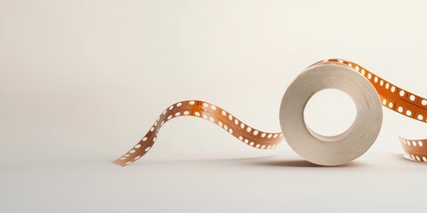 A roll of film is displayed on a white background. The film is orange and white, and it is a vintage roll. The roll is unopened and he is in good condition