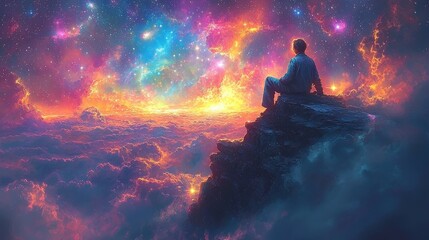 Obraz premium A solitary man sitting on a mountain peak gazing in awe at the starry night sky