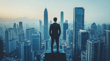 Visionary Leader Overlooking Innovative Cityscape and Future Potential