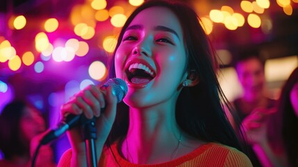 Young woman singing passionately at a vibrant karaoke bar with colorful lights and vibrant atmosphere, showcasing joy and entertainment