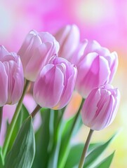 Fototapeta premium Pink tulips bouquet on blurry background, spring flowers for international womens day 8 march as gift, violet purple bunch romantic present from floral shop made by florist, close up view copy space