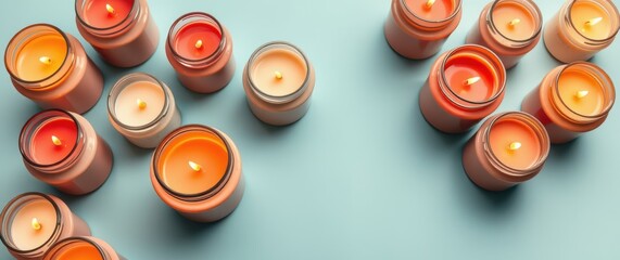 Candles glow in a cozy, colorful arrangement, casting a warm and inviting light on a pale blue surface.