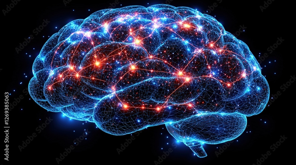 Poster intricate brain with extensive neural connections and network pathways exposed to light