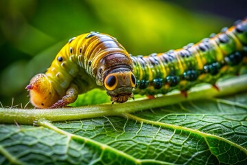 Naklejka premium Worm Eating Leaf, Close-Up Macro Shot with Shallow Depth of Field, High-Resolution Stock Photo
