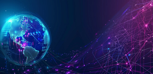 Obraz premium Abstract digital background with a blue and purple color scheme, featuring glowing lines forming global network connections on the right side of an abstract planet