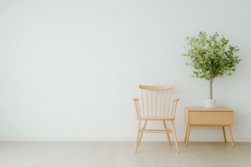 Minimalist living room interior with bright chair and potted plant, emphasizing simplicity and tranquility in modern design