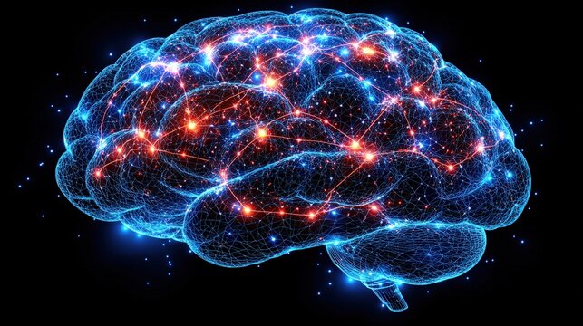 Intricate brain with extensive neural connections and network pathways exposed to light