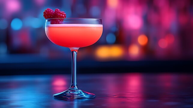Close up of a bright neon cocktail with a sophisticated nightlife theme