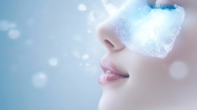 A serene close-up of a woman's face with an ice pack over her eyes, conveying a sense of refreshment and rejuvenation.
