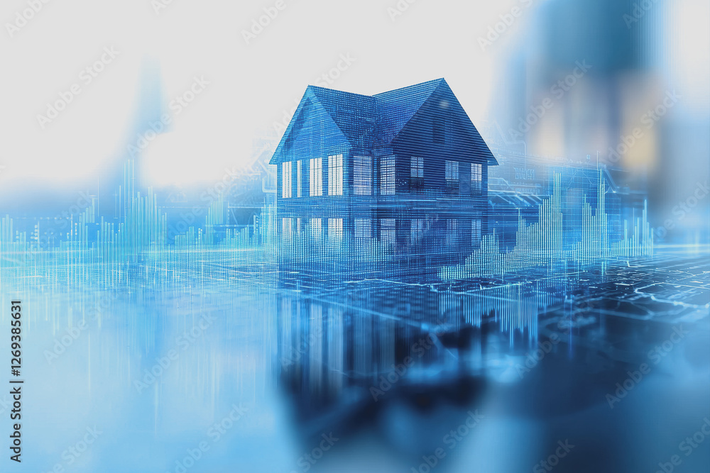 Poster house with blueprint background illustrating architectural design and planning process for construct