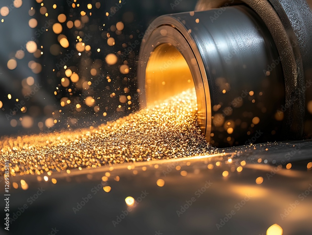 Poster a close-up of a metalworking process, showcasing sparkling particles being released from a cylindric