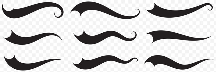 Swash and swoosh tails set . Swash and swooshes tails typography set, brush curve on transparent Background.  EPS 10. 