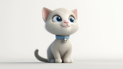 Obraz premium 3D rendering a cartoon illustration of a cat sitting on a white background. The cat is light grey in color with a blue collar around its neck.