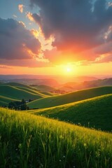 Obraz premium A serene landscape of rolling hills with a warm golden light at sunset, hills, country