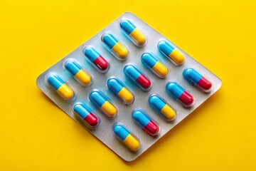 Yellow Background Pill Packaging Stock Photo: Blister Pack of Tablets